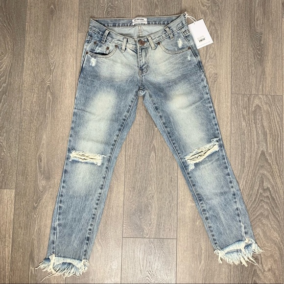 One Teaspoon Blue Blossom Freebirds Skinny Jeans Distressed Frayed Hem Cotton - Picture 3 of 15